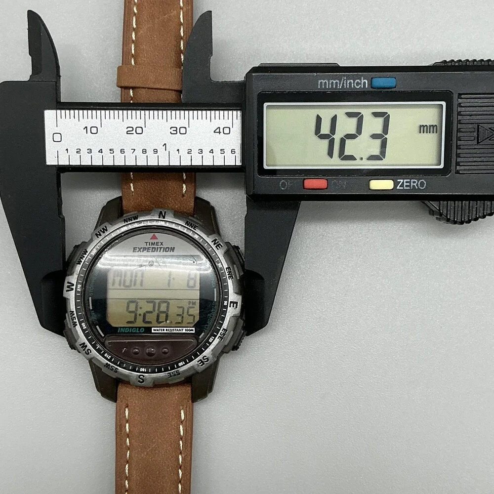 Timex Expedition Mens Watch 42mm Green Digital Brown Leather Compass New Battery